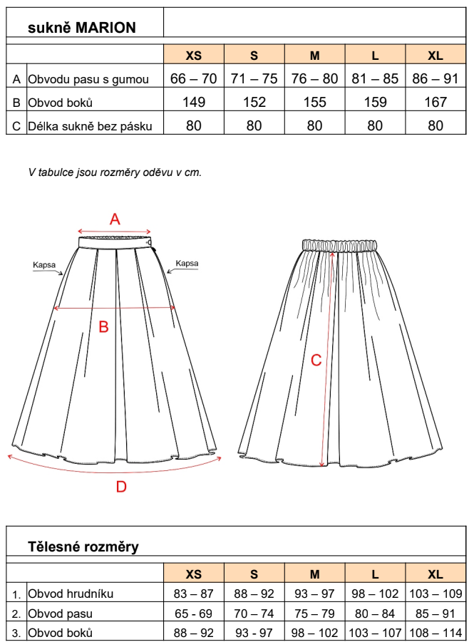sukně marion new tabulka velikosti
